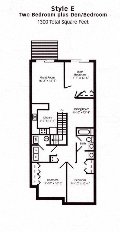 Floor plan for 2 beds, 1 bath, 1300 sqft